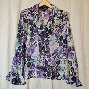 Peck & Peck Women's Purple Green Floral Paisley Sheer Ruffle Top 14